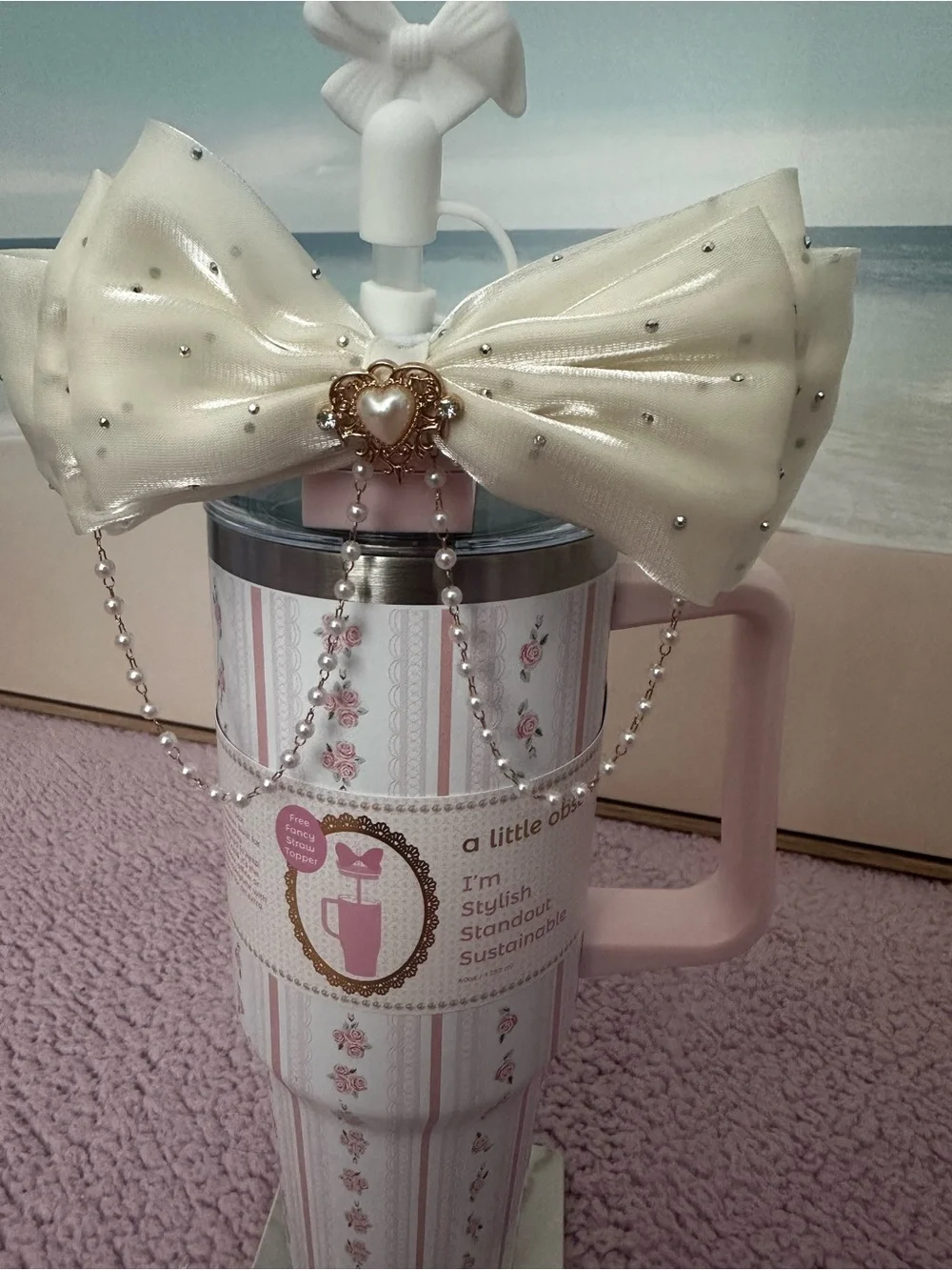 Cream Bow Straw Tumbler with Pink Floral Travel Mug